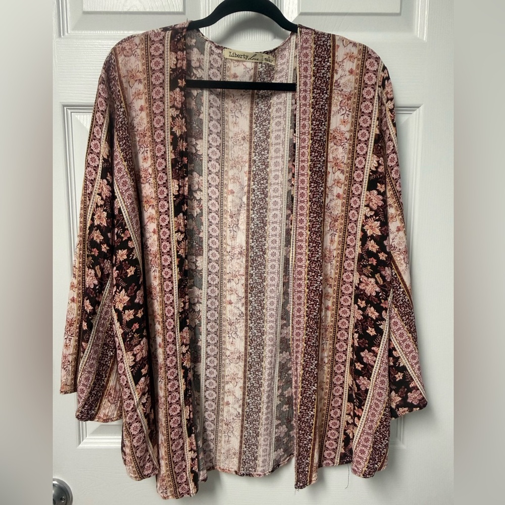 Liberty Love Pink & Brown Floral Stripe Kimono Top